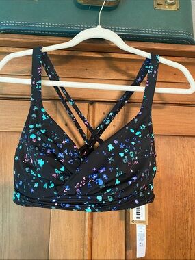 Title Nine Black Bikini Top with Teal, Blue & Purple Floral Print